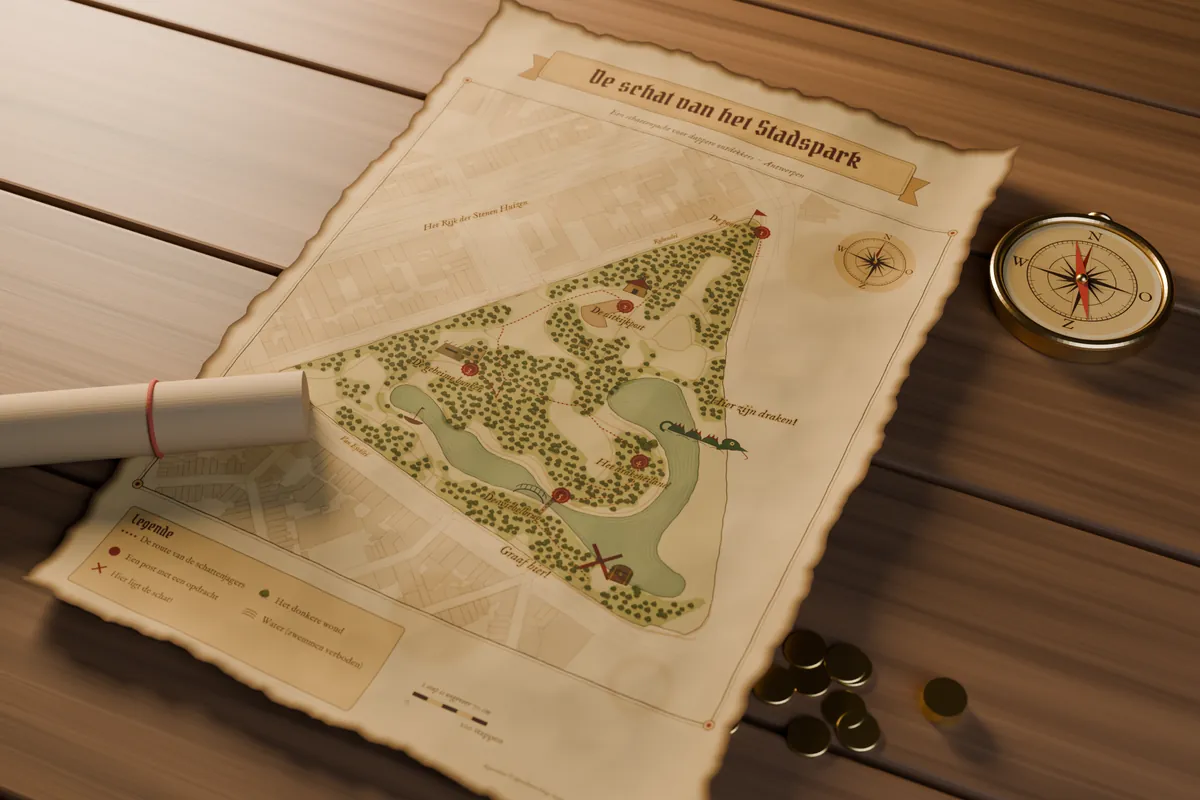 Perkamenten schatkaart van het Stadspark in Antwerpen met een stippellijn langs vijf posten naar een rood kruis, naast een kompas en gouden munten