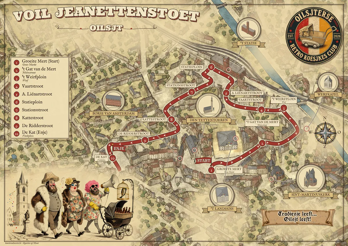 Geïllustreerde kaart van het parcours van de Voil Jeanettenstoet door Aalst, met genummerde stopplaatsen